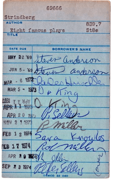 Library check-out card with dates and signatures.