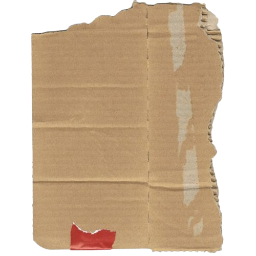 A torn piece of brown cardboard, with a red piece of tape on its right side.