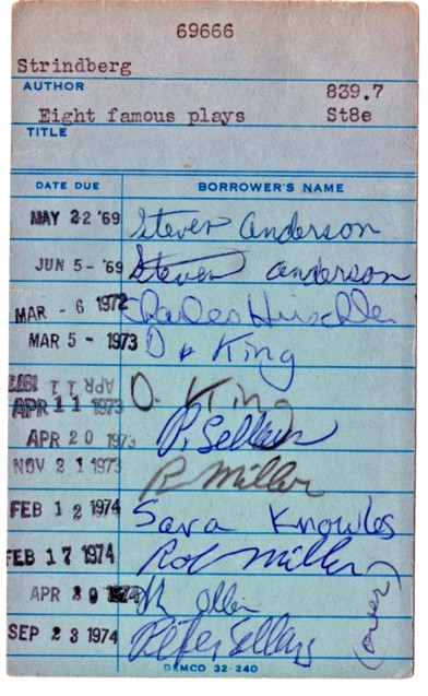 Library check-out card with dates and signatures.